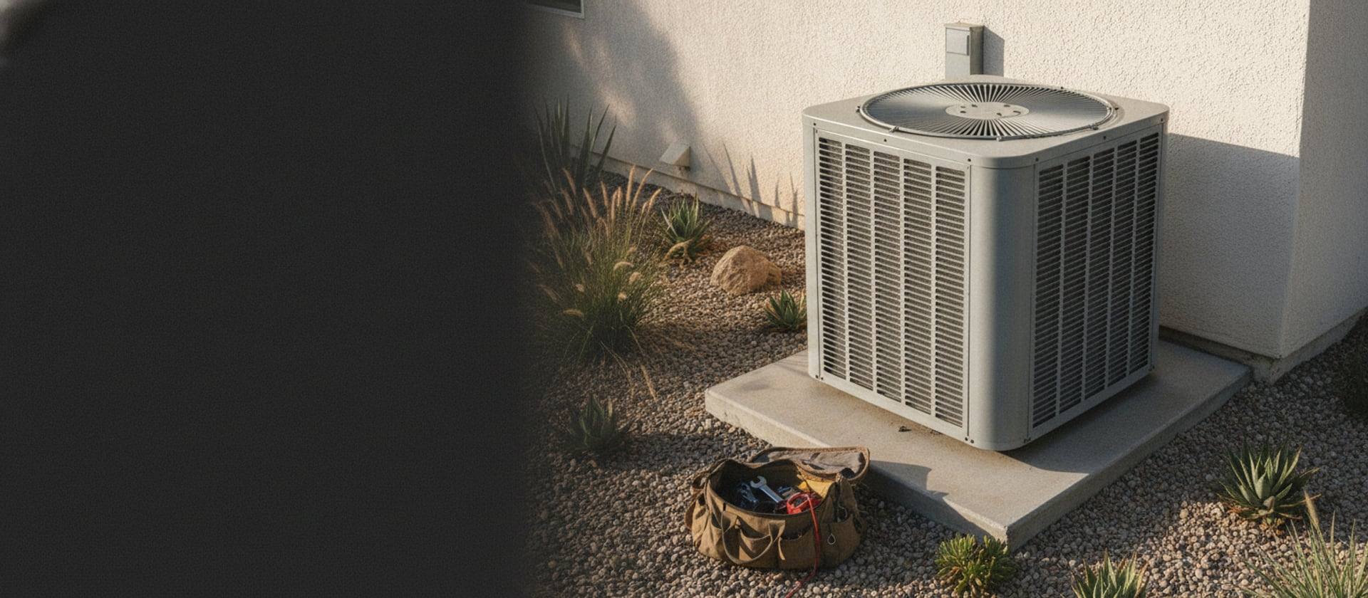 Carrier residential air-conditioning condenser unit on a concrete pad beside a Southern California home