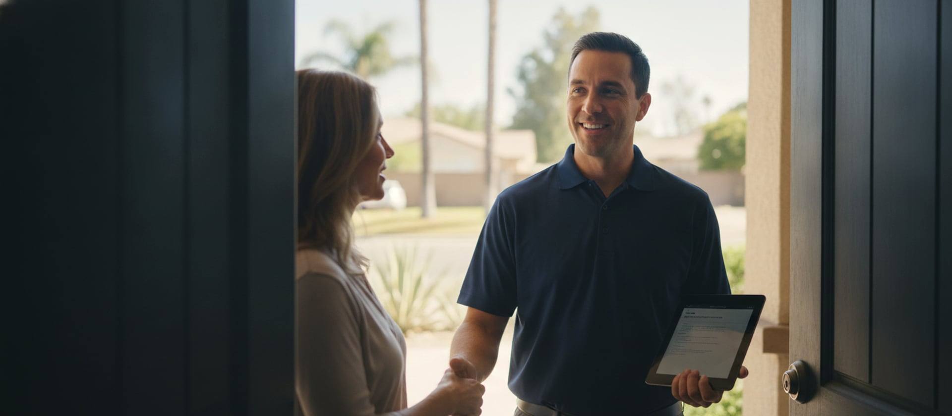 Venta technician greeting a homeowner at the door of a Southern California home