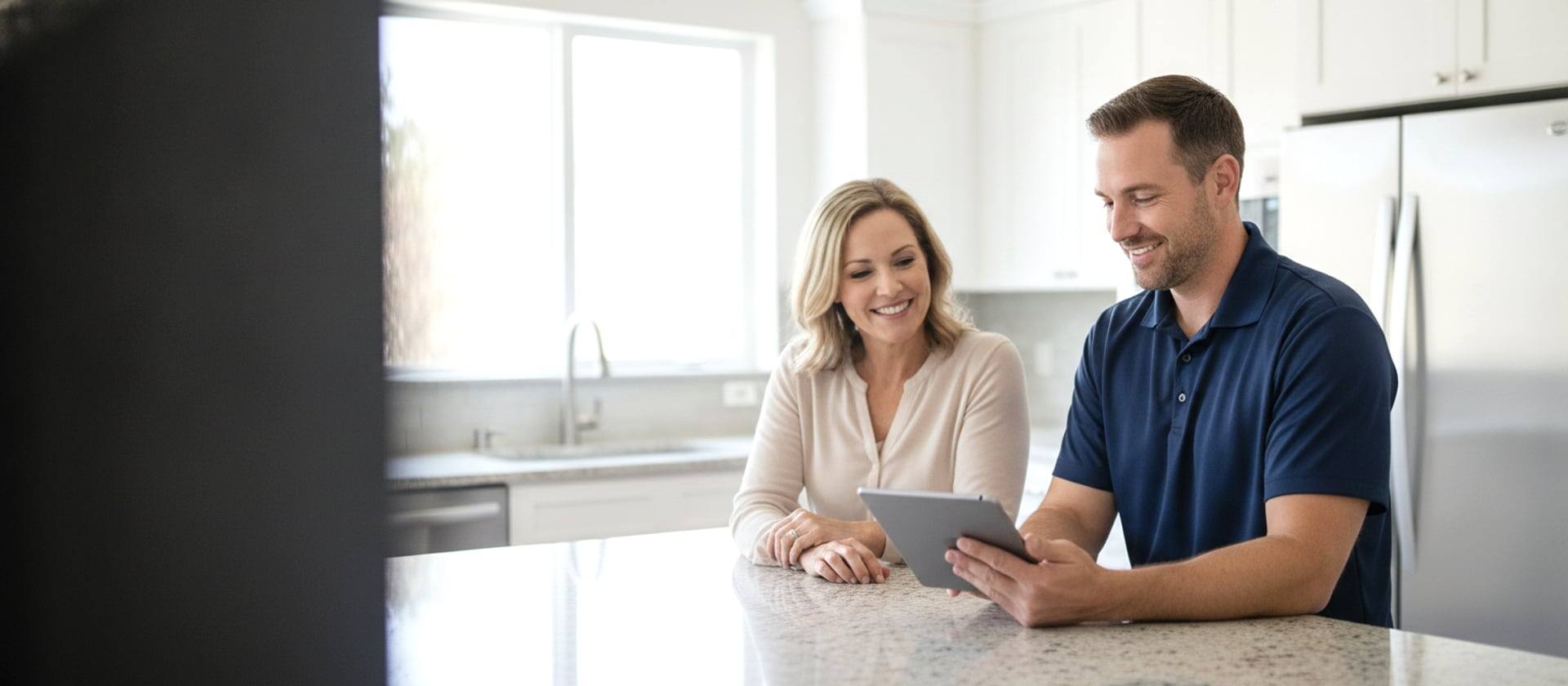 Venta technician reviewing an HVAC maintenance plan with a homeowner at home