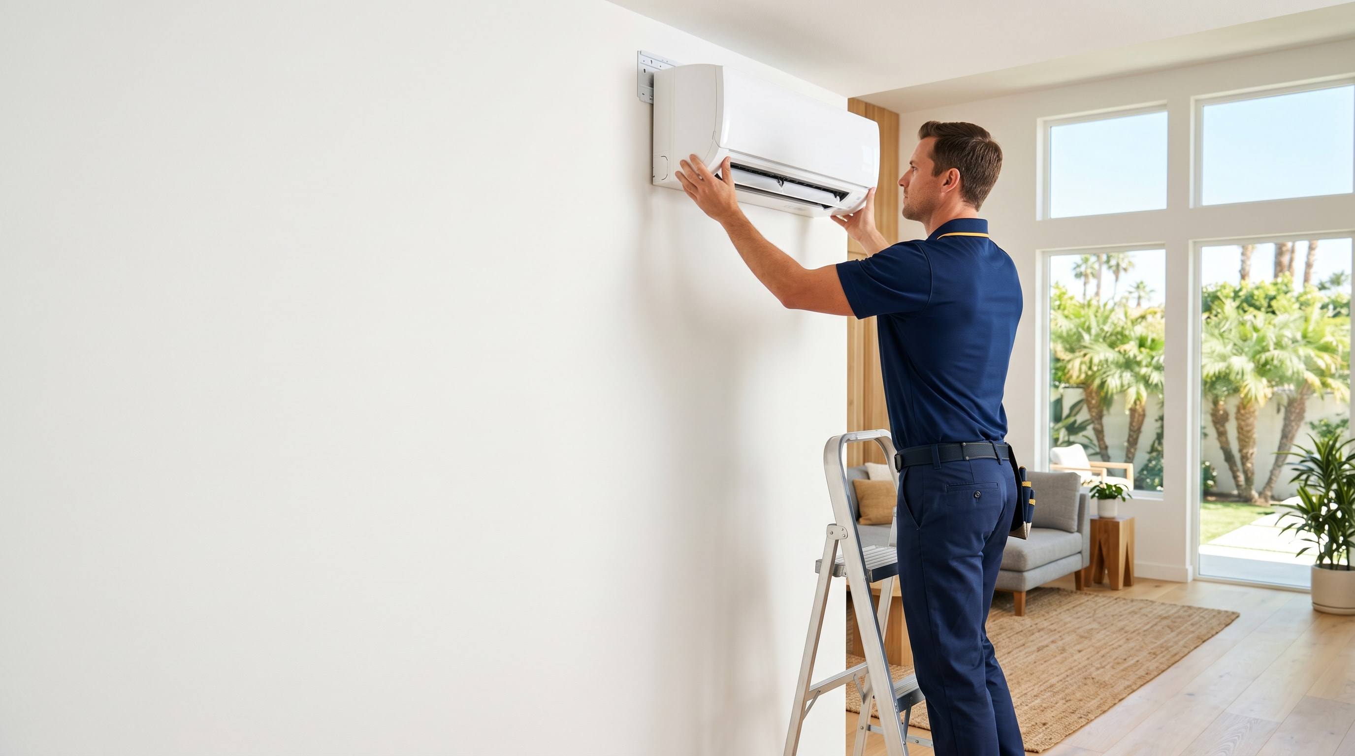 Venta technician mounting a ductless mini-split head on an interior wall in Los Angeles
